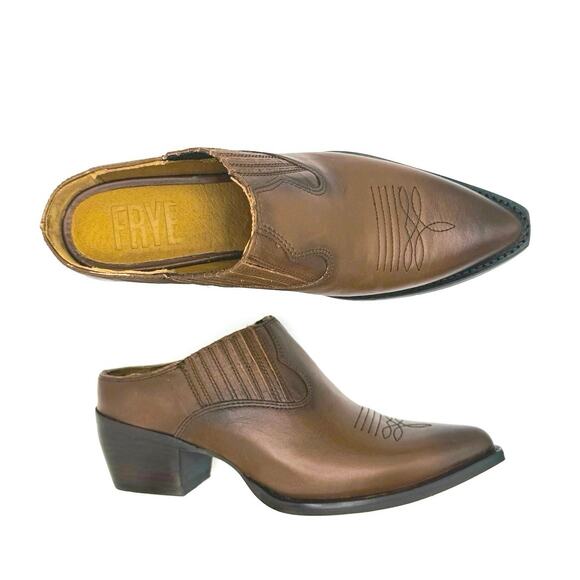 Frye Sacha Mule Western Brown Leather Slip-On Bootie Size 7 Cowboy Western Mule - Picture 3 of 11